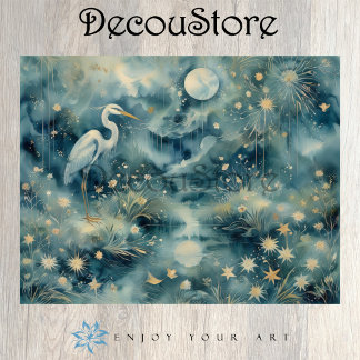 Papier Mousseline Héron au Clair de Lune – Scène Naturelle Onirique