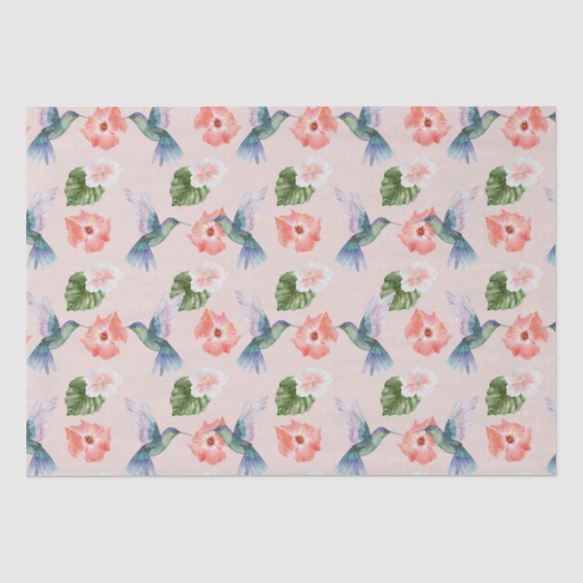 Papier Mousseline Hibiscus bleu vert et rose et colibris (Recto)