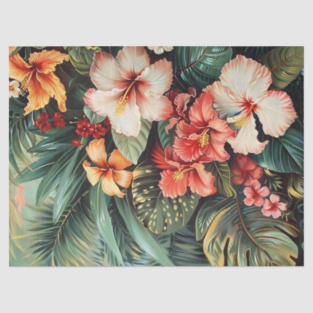 Papier Mousseline Hibiscus Fleurs Palmiers Fronds Tropical Decoupage (Recto)
