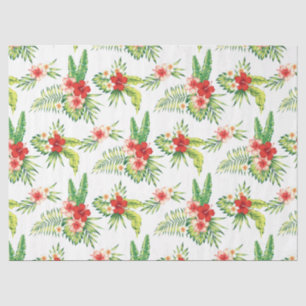 Papier Mousseline Hibiscus rouge et Motif de feuilles tropicales ver
