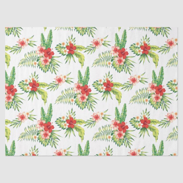 Papier Mousseline Hibiscus rouge et Motif de feuilles tropicales ver (Recto)