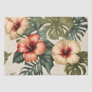 Papier Mousseline Hibiscus tropicaux de Pêche, Rouge et Blanc