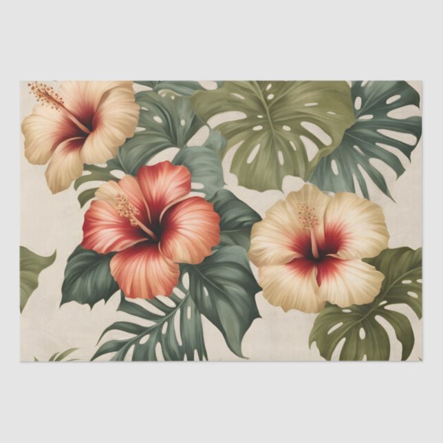 Papier Mousseline Hibiscus tropicaux de Pêche, Rouge et Blanc (Recto)