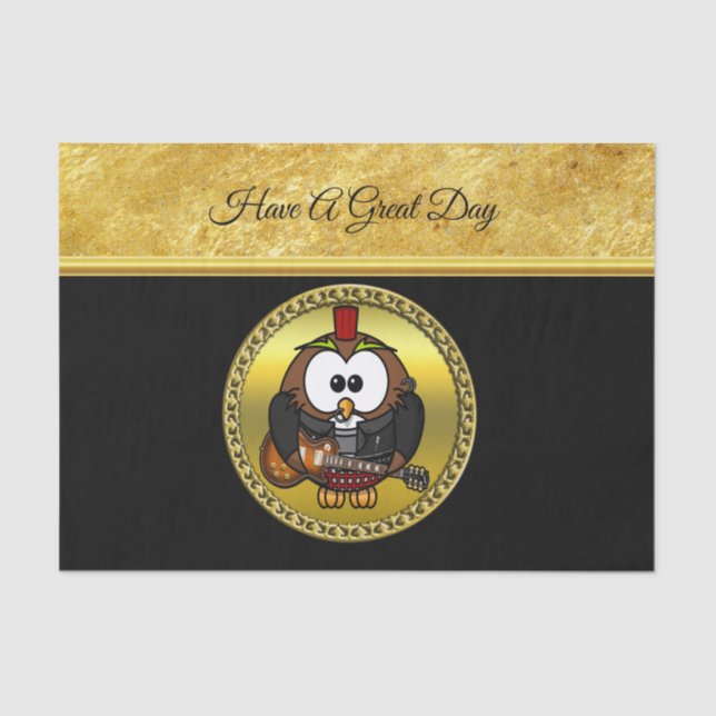 Papier Mousseline hibou Brown et blanc jouant une guitare avec casqu (Recto)