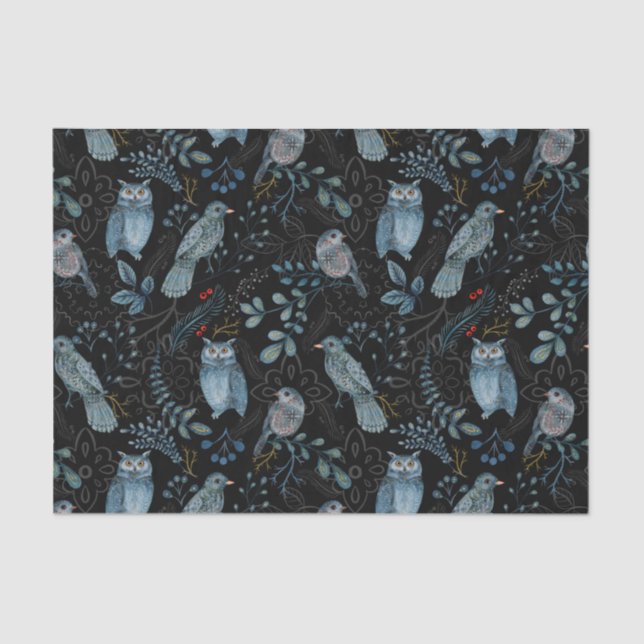 Papier Mousseline Hibouc bleu nordique Aquarelle florale (Recto)