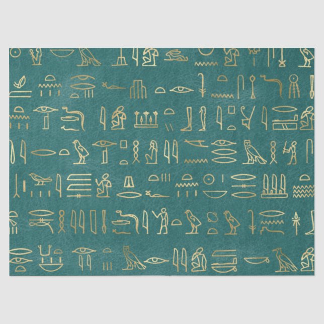 Papier Mousseline Hiéroglyphes égyptiens d'or métallique sur vert (Recto)