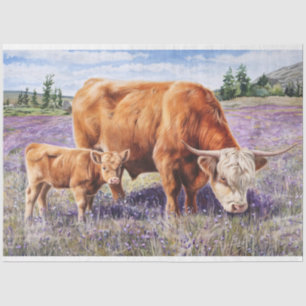 Papier Mousseline Highland Cow and Calf Flower Field Art Decoupage