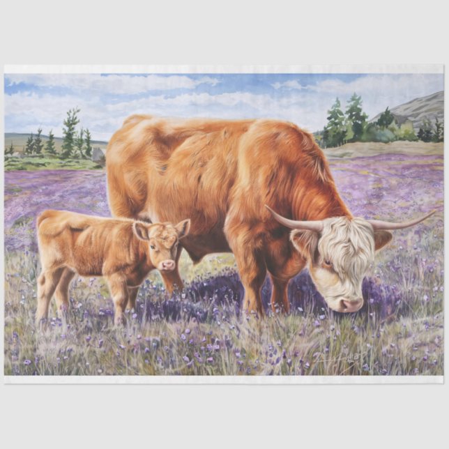 Papier Mousseline Highland Cow and Calf Flower Field Art Decoupage (Recto)