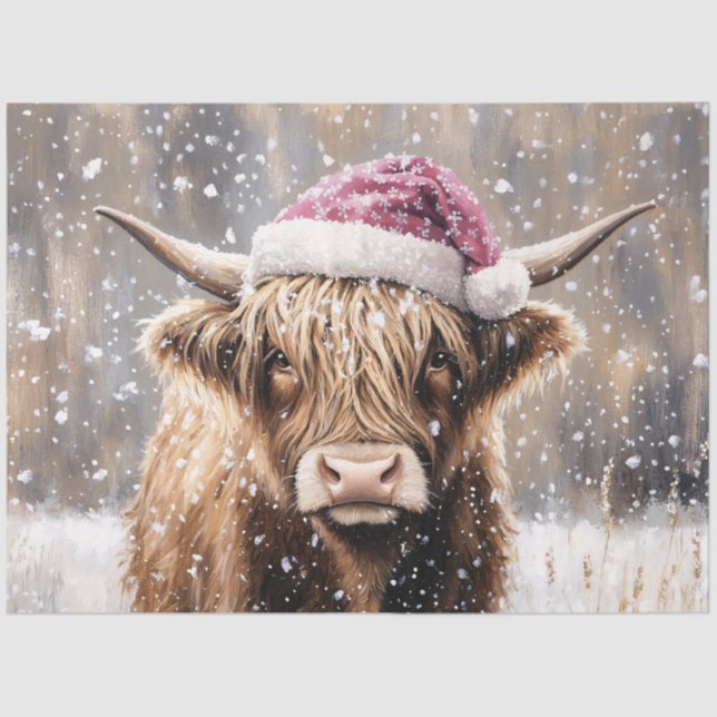 Papier Mousseline Highland Cow in Snow with Santa Hat (Recto)