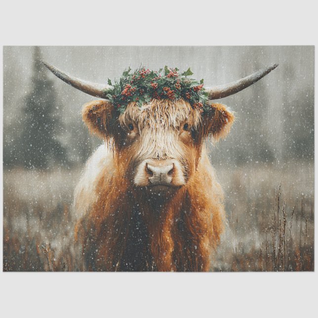 Papier Mousseline Highland Cow With Christmas Wreath Crown (Recto)