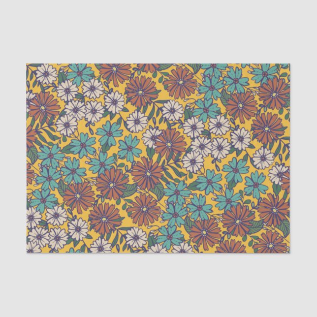 Papier Mousseline Hippie jaune Turquoise les années 70 Flore (Recto)