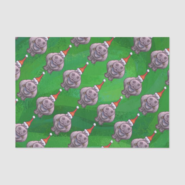 Papier Mousseline Hippo à Santa Hat Motif sur vert (Recto)