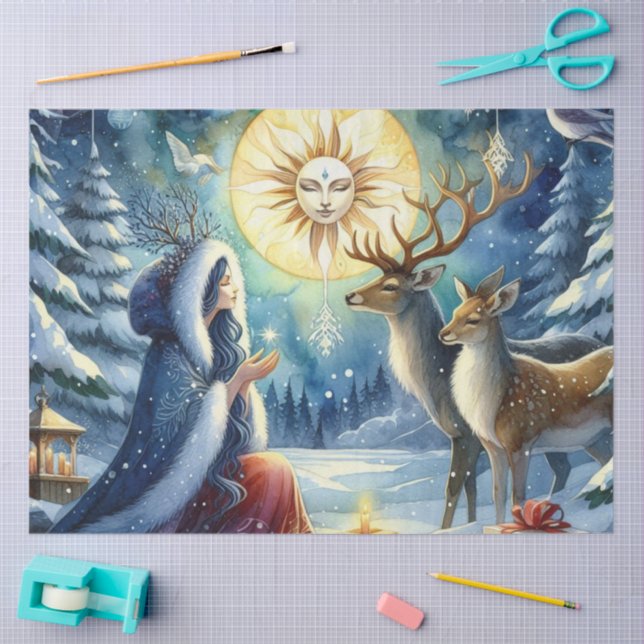 Papier Mousseline Hiver Solstice Goddess Forest-Deer papier tissu (Artisanat)