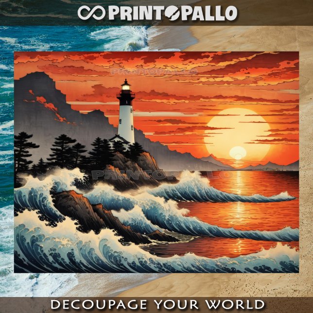 Papier Mousseline Hokusai style vagues avec la côte du phare (Créateur téléchargé)