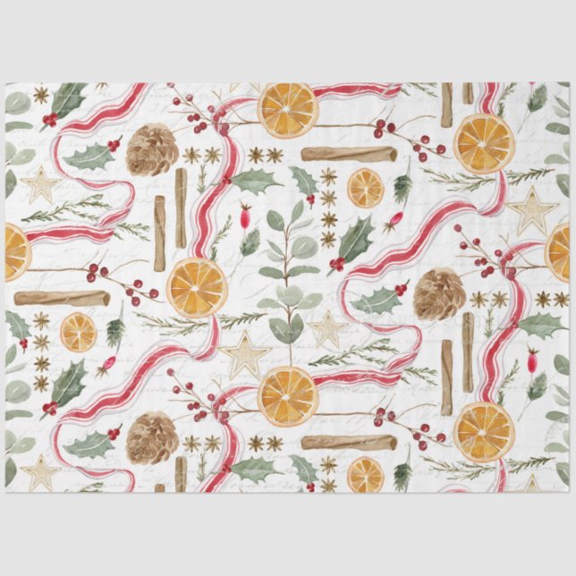 Papier Mousseline Holly Berry Cinnamon Oranges Découpage (Recto)