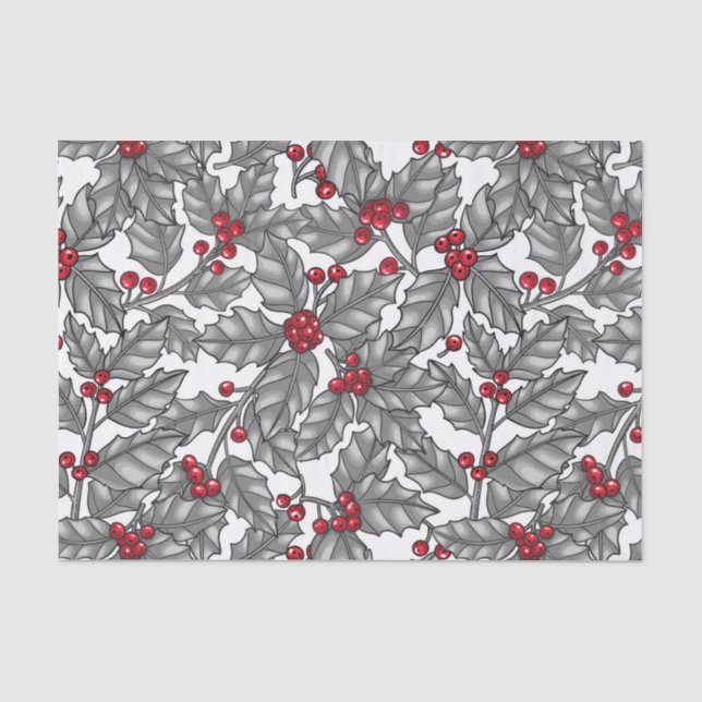 Papier Mousseline Holly berry, feuilles gris sur blanc (Recto)