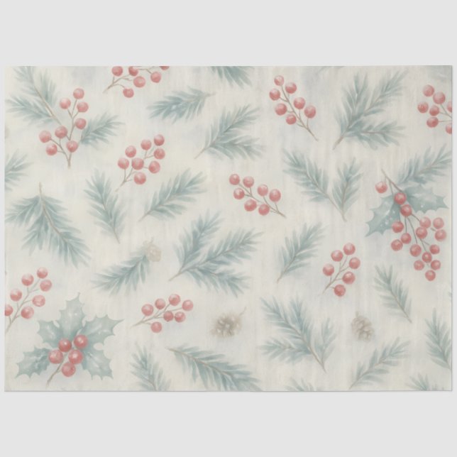 Papier Mousseline Holly & Pine Winter Botanical Background Decoupage (Recto)