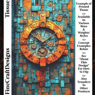 Papier Mousseline Horloge Steampunk Turquoise & Orange CZ1 Decoupage