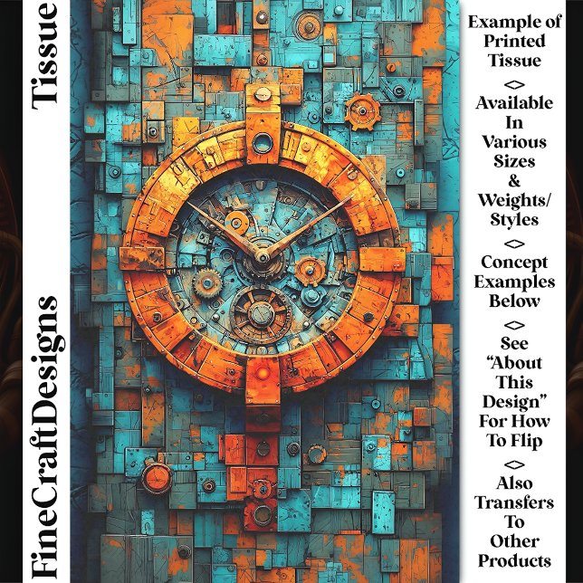 Papier Mousseline Horloge Steampunk Turquoise & Orange CZ1 Decoupage (Créateur téléchargé)