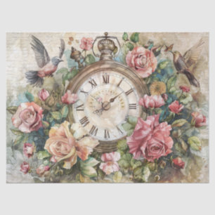 Papier Mousseline Horloge vintage avec oiseaux et découpage Rose