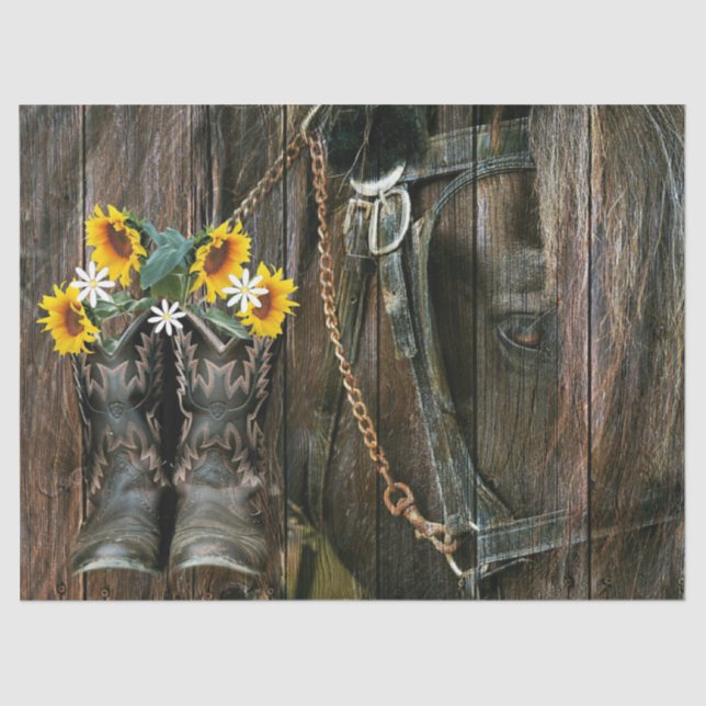 Papier Mousseline Horse Cowboy Boots Sunflowers Rustic Barque (Recto)