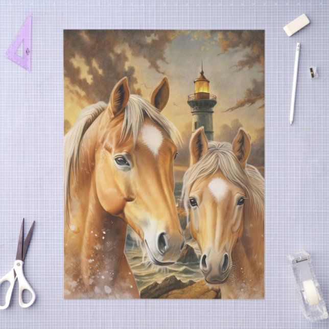 Papier Mousseline Horses Lighthouse & Ocean Scene (Artisanat)
