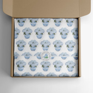 Papier Mousseline Hortensias bleus dans un pot de chinoiserie