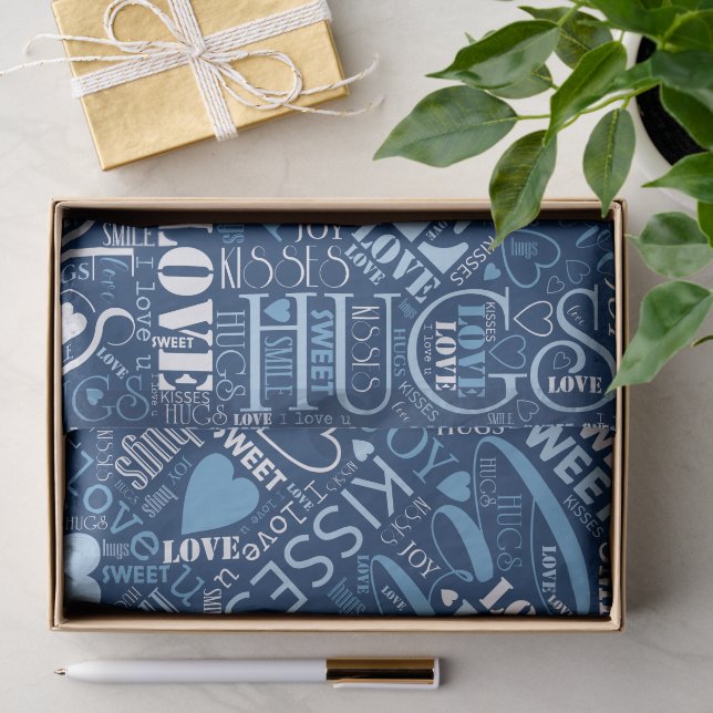 Papier Mousseline Hugs and Kisses Word Cloud Blue ID286 (Cadeau)
