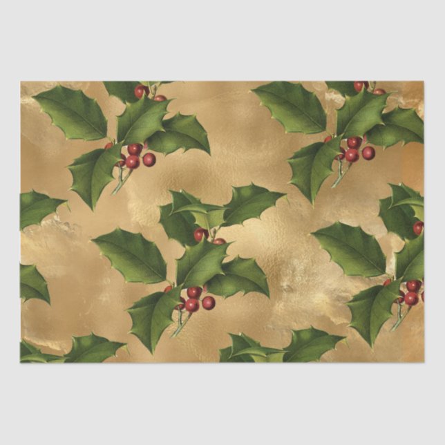 Papier Mousseline Huile d'Or Luxe, Holly Verte, Berries Rouges (Recto)