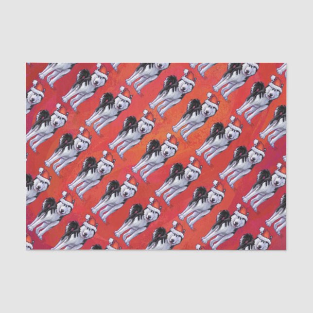 Papier Mousseline Husky à Santa Hat Sur Rouge (Recto)