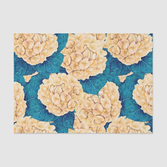 Papier Mousseline Hydrangea aquarelle motif, jaune et bleu (Recto)