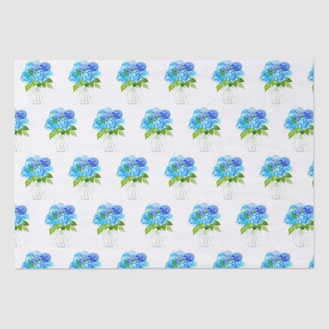 Papier Mousseline Hydrangea floral Bleu Fleurs Aquarelle Rustique (Recto)