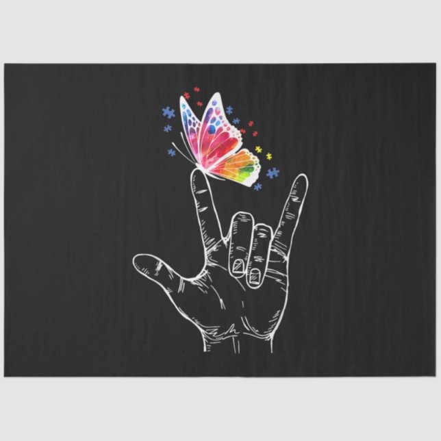 Papier Mousseline I Love You Hand Sign Language Butterfly Autism (Recto)