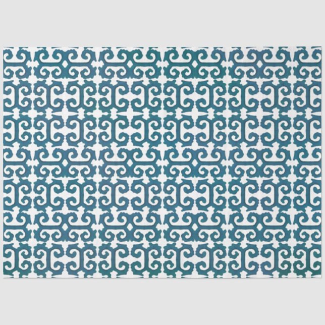 Papier Mousseline IKAT Motif tribal Turquoise bleu grec clé découpag (Recto)