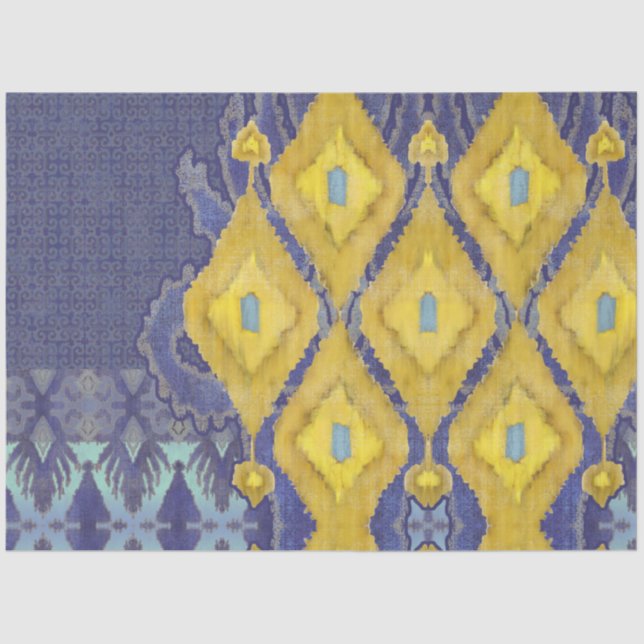 Papier Mousseline IKAT Ouzbékistan Antique Tribal Bleu Jaune Motif (Recto)