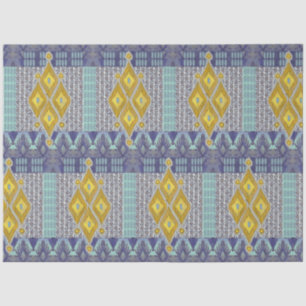 Papier Mousseline IKAT Vintage tapis antiquité Tribal bleu et jaune