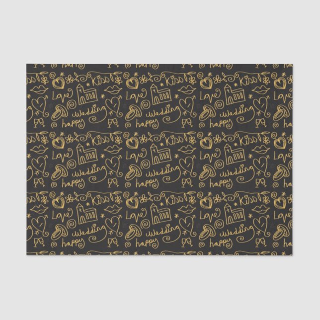 Papier Mousseline Illustrated Gold and Black Wedding Doodles (Recto)