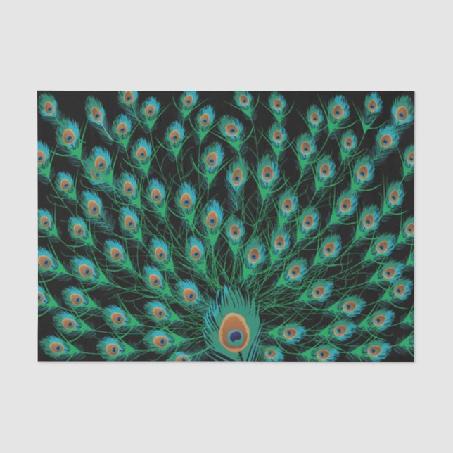 Papier Mousseline Illustration avec des plumes de paon sur le noir (Recto)