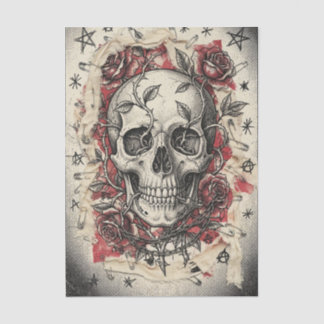 Papier Mousseline Illustration de crâne et de roses Grunge Punk