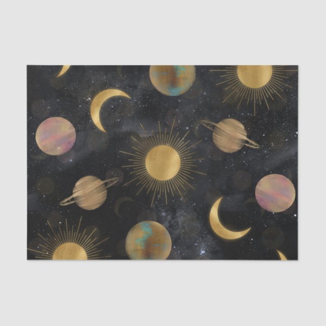Papier Mousseline Illustration Gold Sun Moon Planètes Space (Recto)