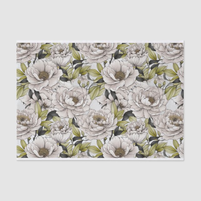 Papier Mousseline Illustration White Peonies avec Feuilles vert clai (Recto)
