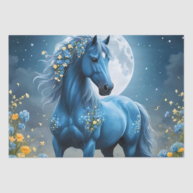 Papier Mousseline Imaginaire Bleu Magique Cheval Lune Fleurs, (Recto)
