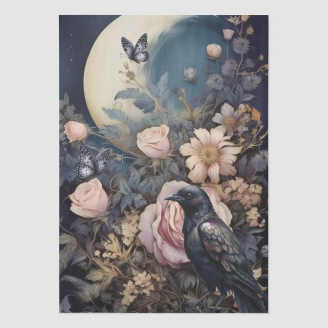 Papier Mousseline Imaginaire fascinant Corbeau gothique et fleurs (Recto)