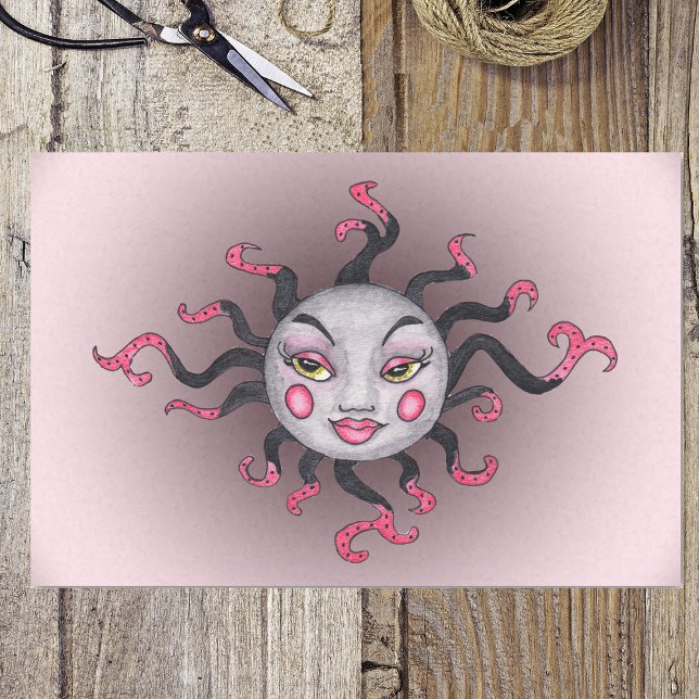 Papier Mousseline Imaginaire Gothique Noir Rose Soleil Déesse Visage (Grey fantasy sun with pretty face black pink Gothic rays on pink wrapping tissue paper.)