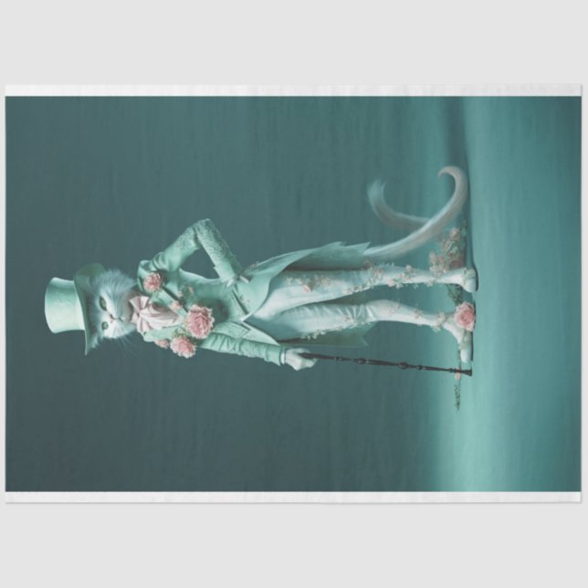 Papier Mousseline Imaginaire lunatique Fury Sage Green Chat Decoupag (Recto)