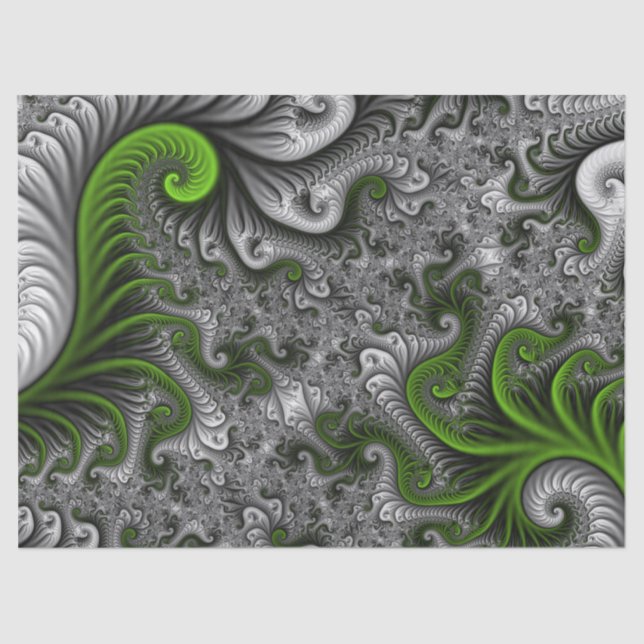 Papier Mousseline Imaginaire Monde Vert Et Gris Art Fractal Abstrait (Recto)