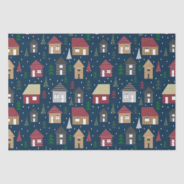 Papier Mousseline Immobilier Maison de Noël Motif Bleu Vacances (Recto)