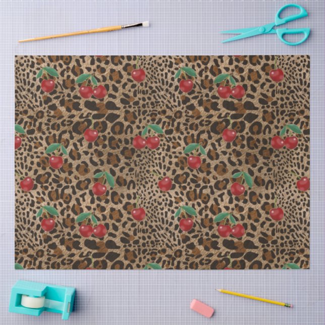 Papier Mousseline Impression d'animal Léopard Guépard à motif Cerise (Artisanat)