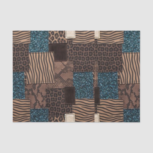 Papier Mousseline Impression d'animaux africains patchwork | Marron  (Recto)