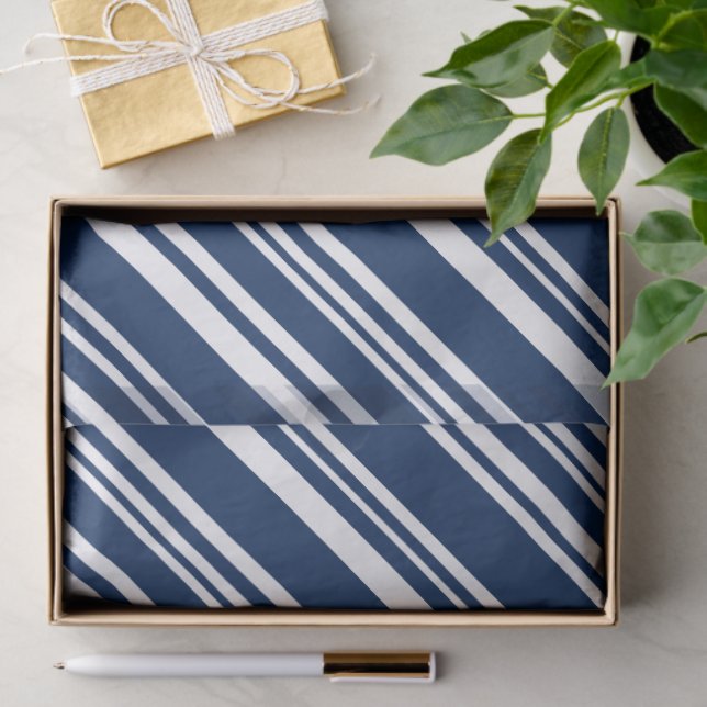 Papier Mousseline Indigo diagonal et bandes blanches (Cadeau)